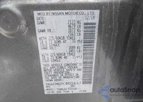 2015 Nissan Rogue Sl from USA, damaged, VIN 5N1AT2MV2FC801657